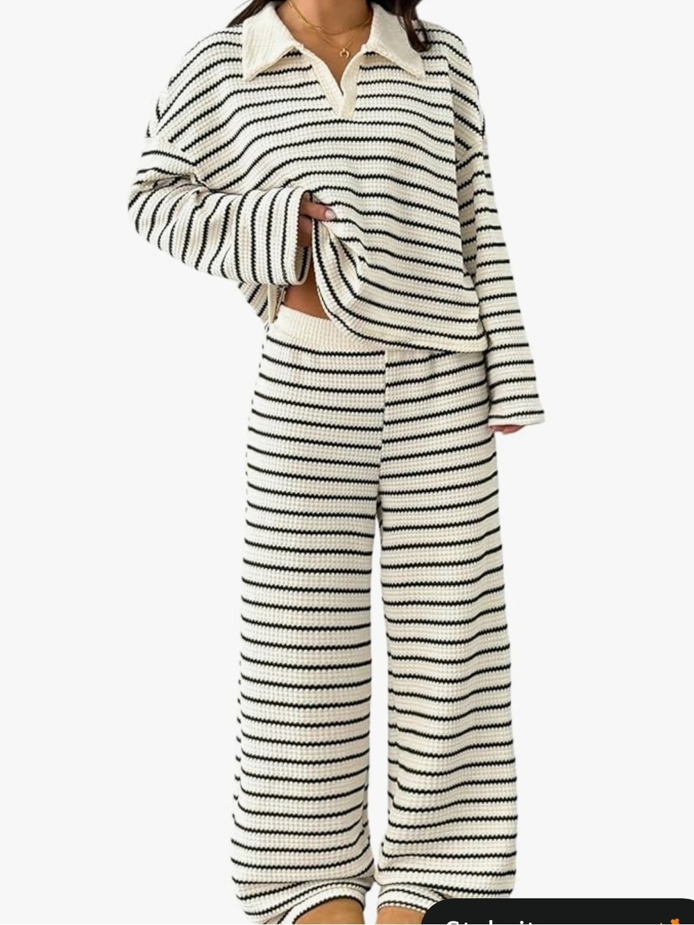 Striped Knit Collared Top and Wide-Leg Pants Set - Black & Cream large